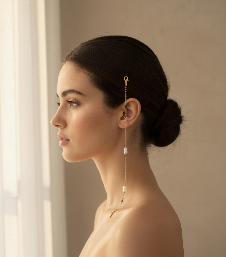 BIJOU DE CHEVEUX ENNA TOURMALINE QUARTZ RUTILE PERLES D'EAU DOUCE