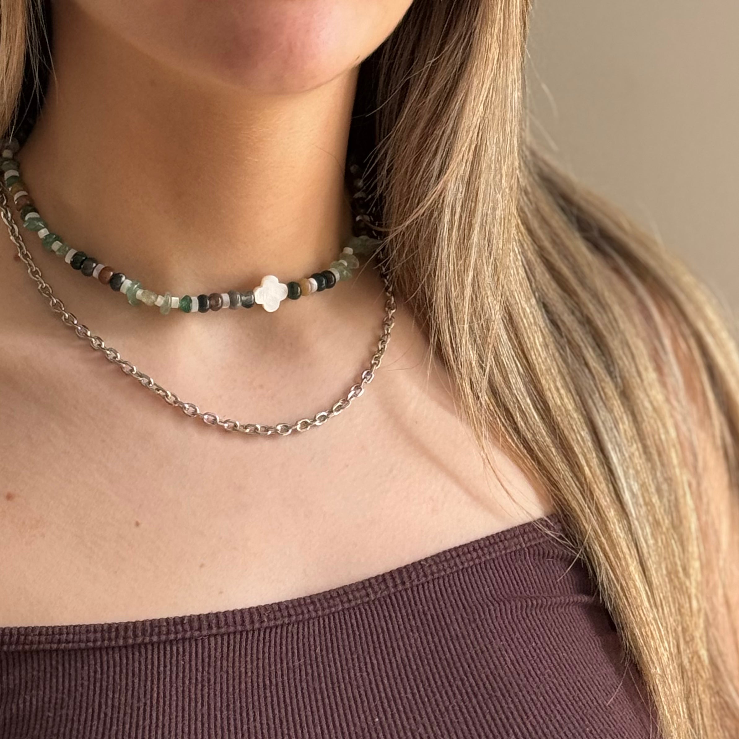 COLLIER GAÏA NACRE AGATE INDIENNE QUARTZ RUTILE